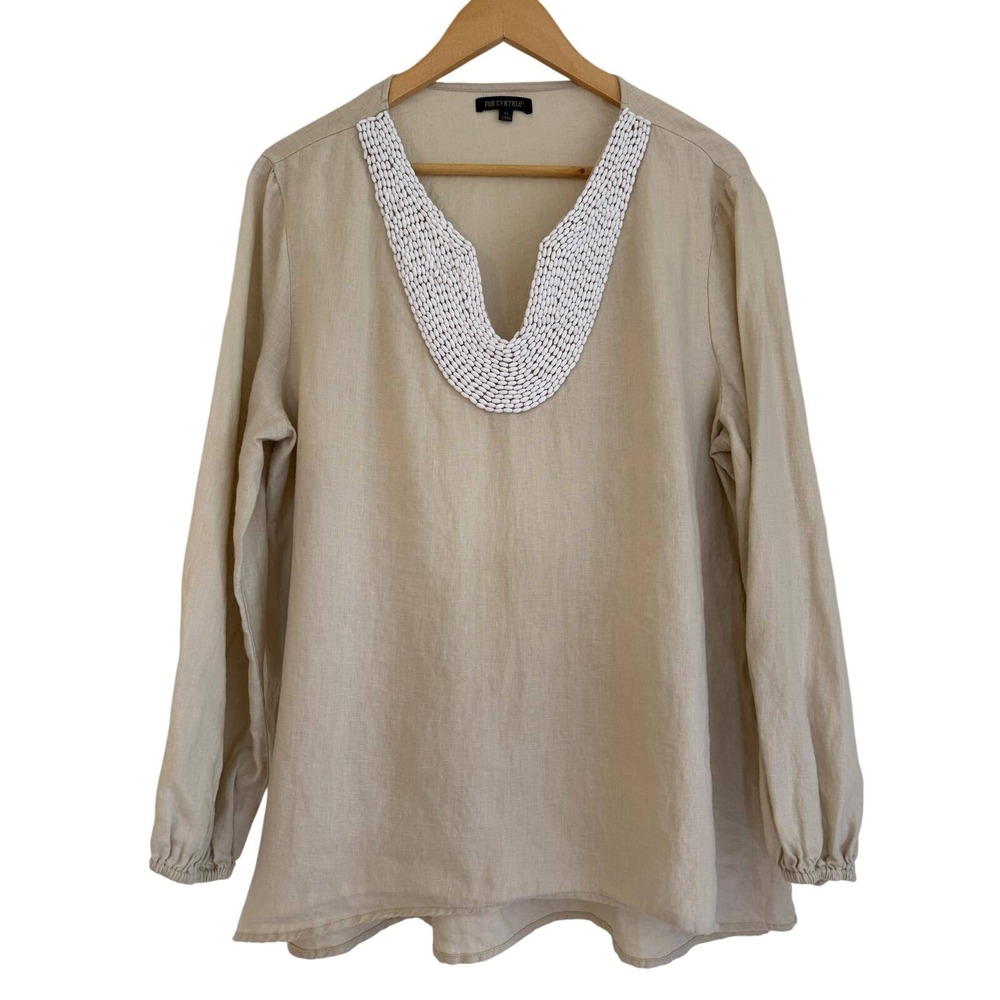 For Cynthia 100% Linen Beaded V-Neck Tunic Blouse Beige XL Long Sleeve Boho